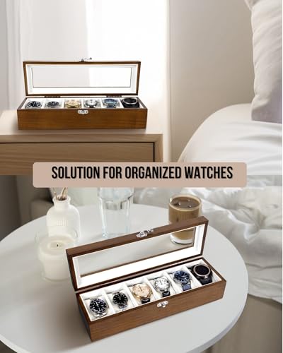 Image of Exper Watch Box, Rustic Brown, 6-Slots, Men Women, Wooden | Large Glass Lid, Display Storage, Watch Case, Organizer
