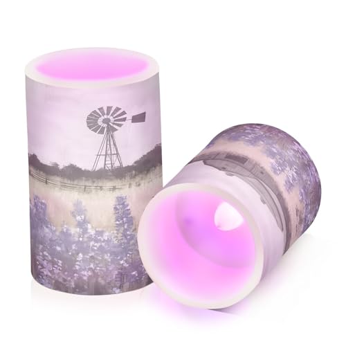Image of Farmhouse Landscape Wildflowers Barn Windmill Flickering Flameless Candles LED Battery Operated with Remote Timer Pillar Candles for Home Birthday Wedding Christmas Decor, Set of 2
