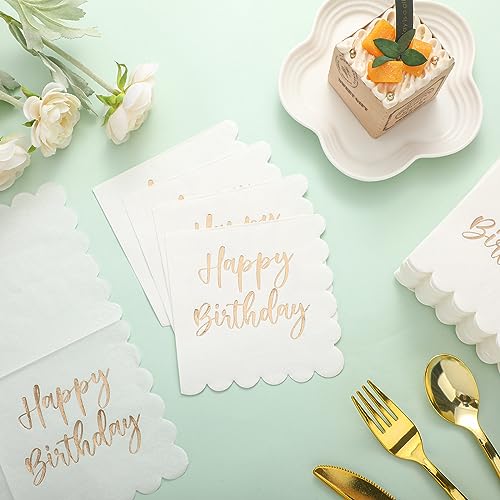 Qilery QILERY-FDGHG3 100 Pack Happy Birthday Napkins Bulk, Scalloped Disposable Cocktail Napkins White And Gold Birthday Napkins 2 Ply Paper Napkins thumb #2