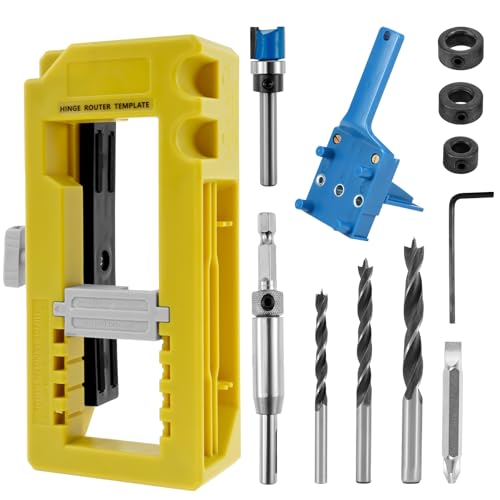 Precision Door Hinge Mortise Jig Kit with Self-Centering Drill Bits - No Needed Hammer Adjustable Door Hinge Router Template for Square/Round Corners Hinges