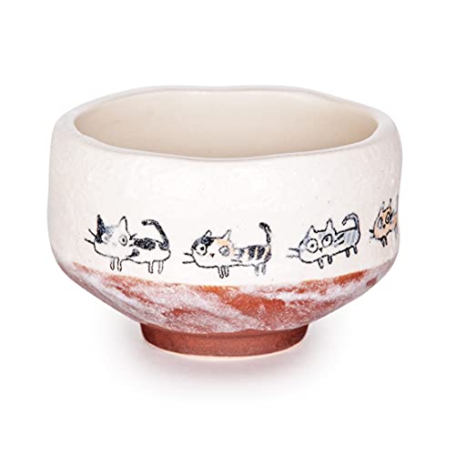 Authentic Japanese Traditional Tea Ceremony Ippuku 3.75" Diameter Mini Matcha Bowl Chawan Mino Tea Cup Textured Glaze Floral Design Handcrafted In Japan (Cats) #TOP9
