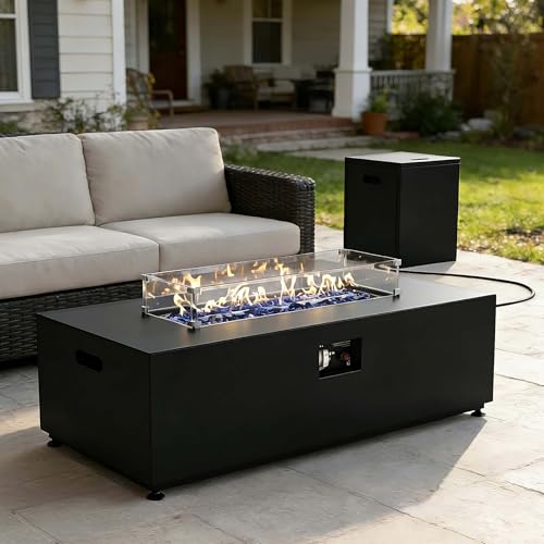 FUARTIO 42 Inch Gas Fire Pit Table, 55,000 BTU Propane Fire Pits for Outside with Aluminum Lid and Waterproof Cover, 2 in 1 Firepit Table