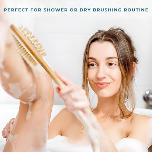 Image of KIMEE Wooden Bath Brush Combo with Long Handle Bath Brush and Handheld Round Body Brush | Natural Bristles and Massager Nodes Set for Shower Exfoliation, Cellulite Care and Dry Brushing