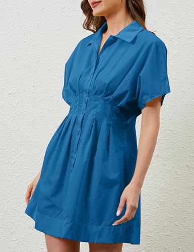 Image of MISSACTIVER Women Pleated Button Down Shirt Dress Short Sleeve Striped Corset Mini Dresses Casual Summer Short Dress