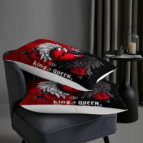 Image of AILONEN Gothic Broken Heart Comforter Set Full Size,Red & Black Bedding Set 3Pcs for Couples Adults,Angel Devil Wings Heart Quilt with 2 Pillowcases