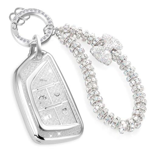 Image of for Cadillac Key Fob Cover with Fashionable Zirconia Wristlet KeyChain, Enchanting Diamond Patterns Soft Case for Escalade ATS XT4 /5 /6 XTS CT5 /6 ESV (White, B1)