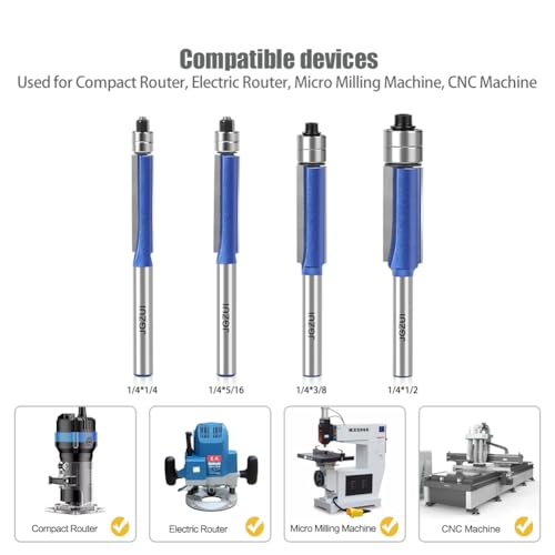 Jgzui J69001 4Pcs Flush Trim Router Bit Set 1/4 Inch Shank Top Two Bearing Flush Trim Router Bit,With 1/4,5/16,3/8,1/2-Inch Cutting Diameter , thumb #4