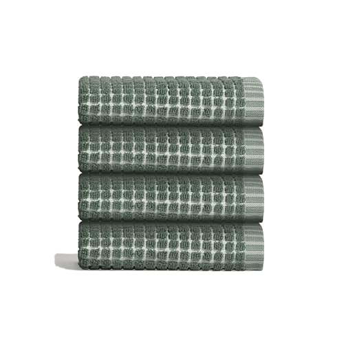 ONSEN Terry Cotton Face Towels - 4-Pack Spruce Checkered - Cotton Quick-Dry Plush Weave & Lightweight Space-Saving - Bathroom Hand Towels