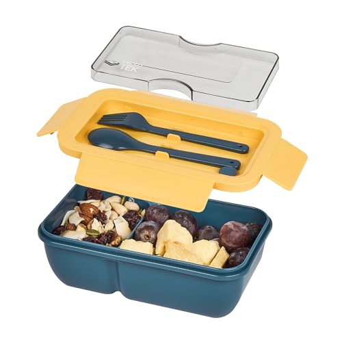 Restaurantware-Bento Tek 28.7 Ounce Bento Box, 1 Reusable Lunch Container - With Fork And Spoon, Does Not Contain BPA, Blue And Yellow Plastic Reusable Lunch Box, Microwavable, Dishwashable