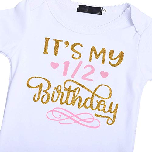 Baby Girls Half 1St 2Nd Birthday Outfits Fancy Party Cake Smash Short Sleeve Gold Letter Print Shiny Sequin Bowknot Romper Bodysuit + Tulle Tutu Skirt + Headband + Stripes Leg Warmer 4Pcs Clothes Set #TOP3