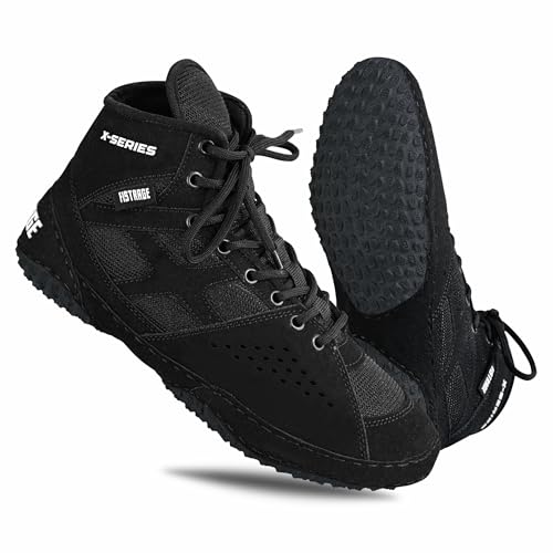 FISTRAGE Wrestling Shoes For Men, Women, Youth Lightweight Shoes Fighting Wrestling - AmmaraHide Seude with Rubber Sole, Sports Master Training Boots | Combat Footwear | Ventilated Design With Mesh | Pro Geniune Handmade Unisex Shoes (Black, US Footwear Size System, Adult, Men, Numeric, Medium, 8)