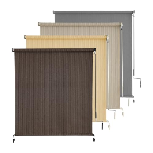 AOSKY Retractable Privacy Screen Outdoor Roller Shades Cordless Patio Roll Up Blinds with Spliced Pole Design for Porch UV Blocking for Deck Balcony Backyard (72x96 Inch Mocha)