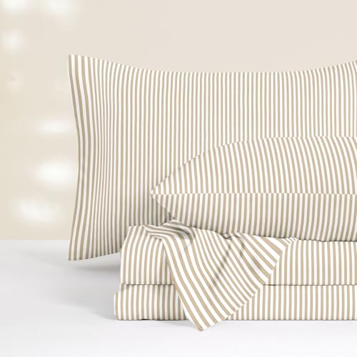 Wake In Cloud - Striped Bed Sheets 4-Piece Sheet Set Ticking Vertical Pin Stripe Modern Farmhouse Pattern Printed Bedding Deep Pocket Light Brown White Queen Size