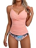B2prity Women's Ruched Tankini Swimsuits V Neck Wrap Tie Back Two Pieces Bathing Suit Tummy Control Swimwear(Light Pink,Print)