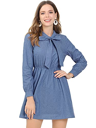 Allegra K Women s Denim Dresses Tie Neck Long Sleeve Jean Fit and Flare Mini Dress X-Small Blue