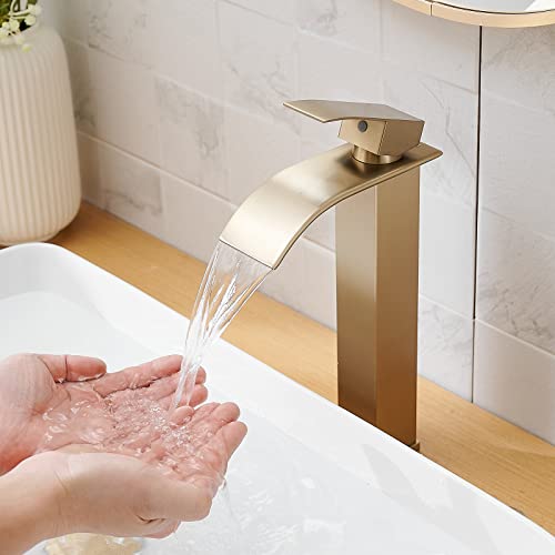 Bathlavish Bathroom Vessel Sink Faucet Waterfall Brushed Gold Tall Body Modern Single Hole Single Handle Flat Spout With Pop Up Drain Without Overflow Combo Mixer Tap Lavatory Vanity Commercial #TOP4