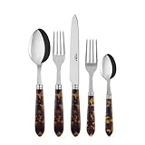 SABRE PARIS - 5-Piece Flatware Set - Tortue Collection - Knife, Fork, Soup Spoon, Teaspoon & Dessert Fork - Stainless Steel & Acrylic - Dishwasher Safe - Scaled Effect