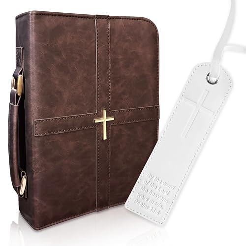 Bible Cover, Discreet & Elegant Bible Case, Brown PU Leather Bible Cover, Cross Design Bible Bags, Strong and Sturdy Book Case, Includes Premium Bookmark (Brown)