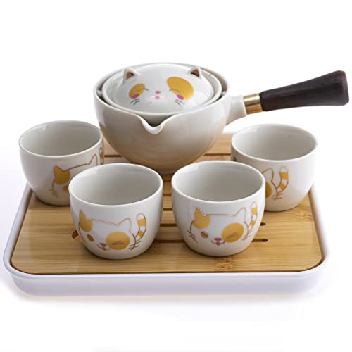 lachineuse – Juego de té japonés con gato Kawaii – con tetera, 4 tazas de porcelana, bandeja y bolsa de transporte – Idea de regalo japonés lindo – Vajilla asiática