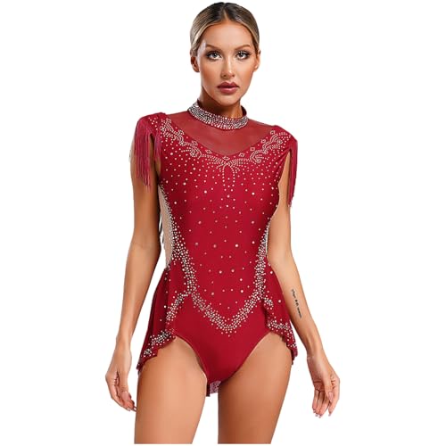Agoky Damen Eiskunstlauf Kleid Ärmellos Rollkragen Ballettkleid Glitzer Strass Tanz Gymnastik Leotard Trikot mit Rock Fransen Eislaufen Bekleidung...