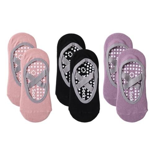 OUDQFCJ 3 Pares de Calcetines de Yoga y Pilates para Mujer, Antideslizantes con Grips y Correas Cruzadas, Transpirables para Fitness, Danza y Ballet (Talla Única)