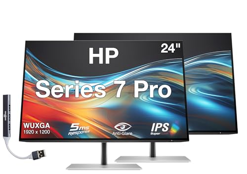 Image of HP Series 7 Pro 24 inch WUXGA IPS Monitor with 5ms Response Time, Anti Glare, Flicker Free, Pivot, 350 Nits, VESA Mount (100mm), Displayport, HDMI & Dockztorm USB Port Expander, Black /Silver Color 2 Pack