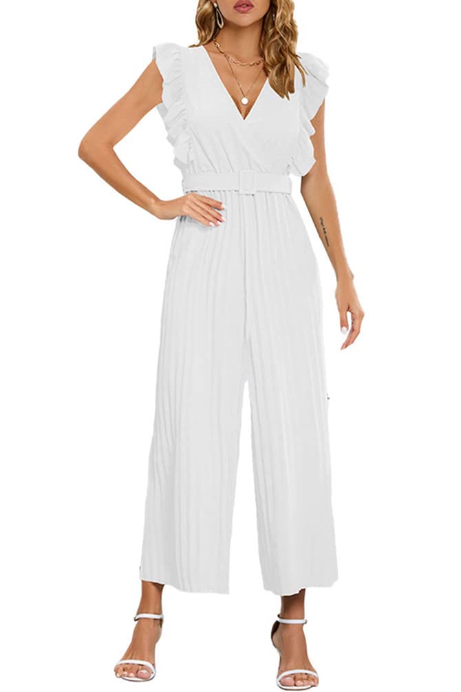 YuanDiann Mono de verano para mujer, elegante, con volantes, color sólido, cuello en V, plisado, pierna ancha, cintura alta, sin mangas, casual, fiesta de negocios, con cinturón