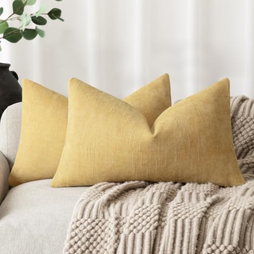 Image of Foindtower Pack of 2 Soft Textured Chenille Throw Decorative Pillow Covers Lumbar Accent Solid Cushion Cover Cozy Neutral Farmhouse Pillow Case for Couch Sofa Bed Living Room 12x24 Inch,Light Yellow