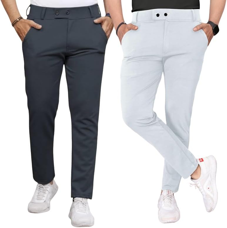 Men Slim Fit Trousers | Stretchable Lycra Blend | 2-Button Design with Side Pockets | Ideal for Office, Travel & Casual Wear