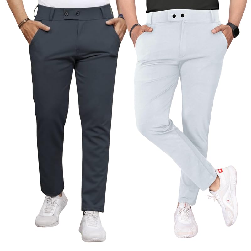 Men Slim Fit Trousers | Stretchable Lycra Blend | 2-Button Design with Side Pockets | Ideal for Office, Travel & Casual Wear