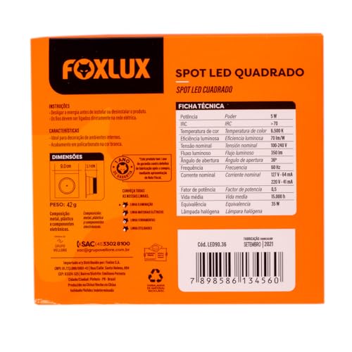 Foxlux Spot LED 5W Quadrado 6500K Bivolt
