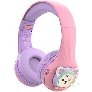 Riwbox Baosilon CB-7S kinderhoofdtelefoon, draadloos, met microfoon, licht-up bluetooth, opvouwbaar, over-ear volume, Limited Safe 75/85/95 dB met TF-kaart, kinderhoofdtelefoon voor school (paars en roze)