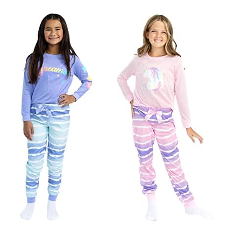 Sleep On It Girls Pajamas Set - 4 Piece Long Sleeve Sleep Shirt and Pajama Pants for Kids Multipack Sleepwear Cover