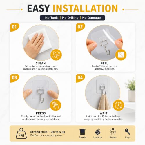 Image of KONVIO NEER Big Transparent Wall Hooks for Hanging - 10 Pack Self Adhesive Heavy Duty Stainless Steel Wall Hooks Without Drilling for Towels, Keys, Kitchen, Bathroom, Home & Office