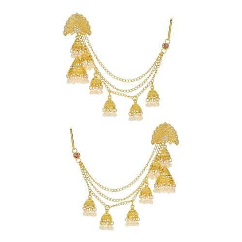 Jhumkas Indian Earrings with kundan Gold Hair Chain Layered Faux Pearl Charms