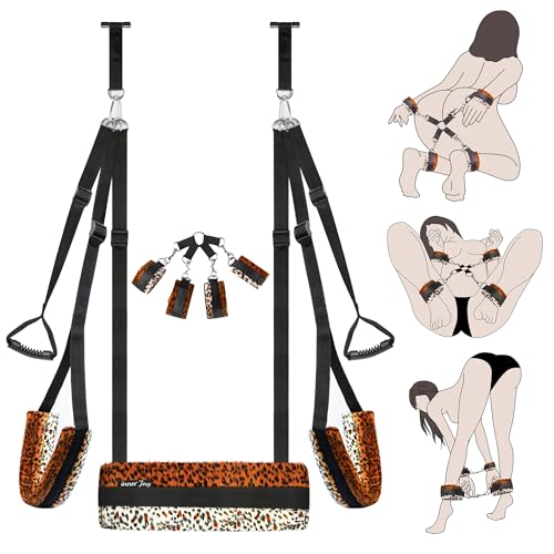 Leopard Print Door Sex Swing & Bondage Slave BDSM Set, Adjustable Shoulder Strap with Plush Seat Cushion, Sex Furniture for Women's Pleasure Adult Sex Games, Holds up to 300 lbs