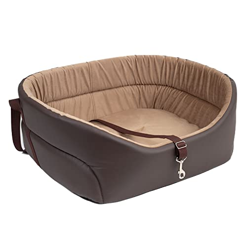 BoutiqueZOO Esclusivo seggiolino Auto per Cani, Gatti, Sedile Posteriore, passeggero | Lettino, Borsa per Cani | Colore: Marrone - Finta Pelle, Finta Pelle Scamosciata | Grande: S: 39 cm x 32 cm