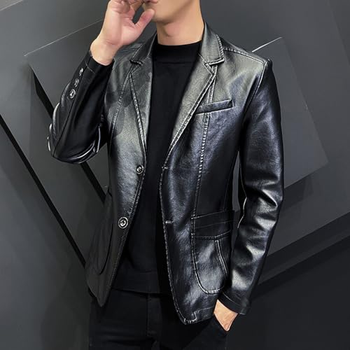Men's Business Leather Blazer Suit Jacket Slim Fit Motorcycle Jacket Coat Notched Collar 2 Button Leather Sport Coat2