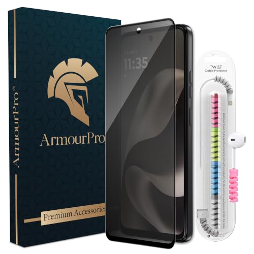 Image of ArmourPro Privacy Tempered Glass for Motorola G77 Power, Anti Spy Anti Peeping Screen Protector, Edge-to-Edge Full Coverage, 9H Hardness with Cable Protector | Black
