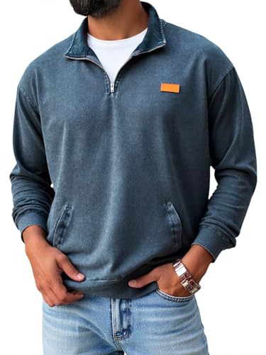 Yousify Mens Distressed Quarter Zip Casual Sweatshirts Long Sleeve Stand Collar Lightweight Cotton Fall Pullover with Pockets