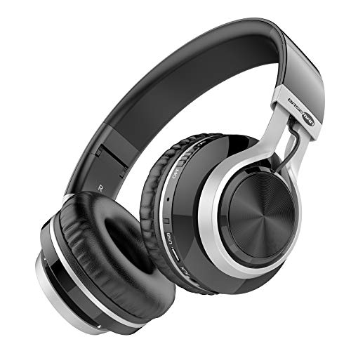 BASEMAN Wireless Bluetooth Headphones Over Ear, Long Battery Life Bluetooth Headphones with Microphone TF Card Slot Wired Headset for Teens Boys Men Kindle iPhone School Office - Black Silver