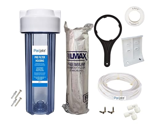 Image of Parijata 10 inch Heavy Quality Transparent Pre-Filter Housing with Spun PP Filter, Clamp & Elbow Connector 1 /4 inch for ro Water Purifier, 5 Micron Sediment Filter (Spun Filter 110 Grams)