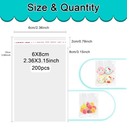 PDKKFF 200 Stk Zellophantüten Klein Selbstklebend Cellophantüten 6x8cm Transparent OPP Tütchen Mini Plastiktüten für Süßigkeiten, Kekse, Schmuck, Geschenke und Bastelbedarf
