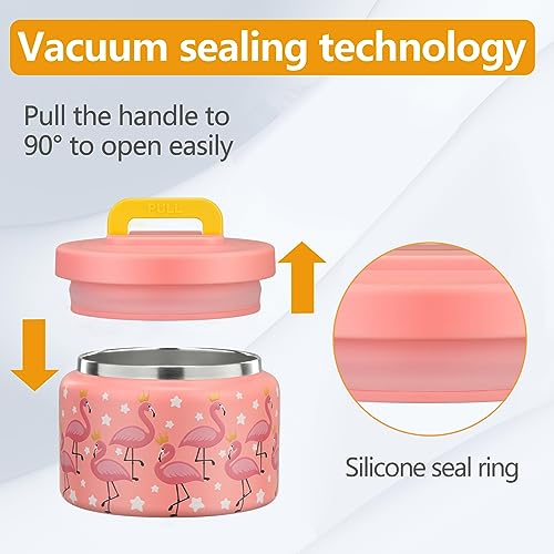 Image of PIQUEBAR 8oz Kids Thermo for Hot Food,Small Lunch Thermo Food Container Stainless Steel,Easy Open Wide Mouth Thermo for Hot Cold Food for Preschool Travel (Pink Flamingos)