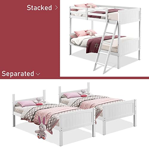 Komfott Wood Bunk Bed Twin Over Twin, Space-Saving Solid Wood Bunk Bed Frame With Ladder & Full-Length Guardrail For Kids Teens, Convertible Into 2 Individual Beds, No Box Spring Needed (White) #TOP6