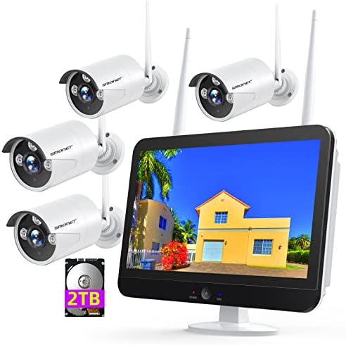 3MP Wireless Security Camera System with 12” Monitor 2TB Hard Drive, SMONET 8CH WiFi Home Surveillance NVR Kits,4Pcs 3MP Outdoor Indoor CCTV IP Cameras,Clearer Than 1080P,Night Vision,Free App P2P