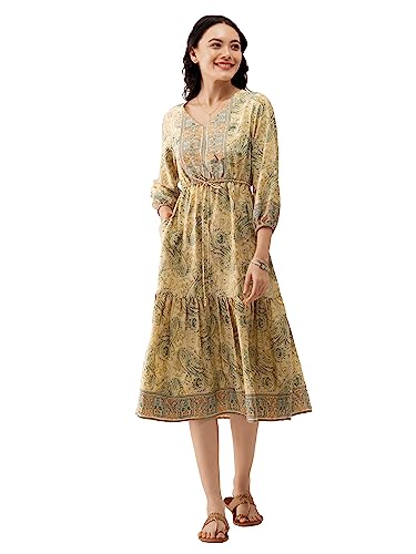 Image of AASK Abstract Printed Puff Sleeve Gathered Detailed Fit Flare Dress