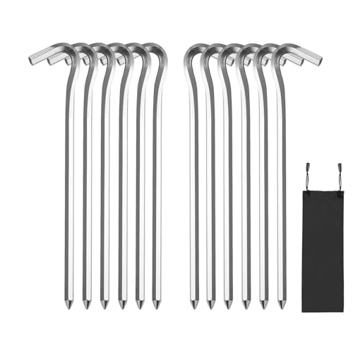 12 Pcs GuoluvSoo Tent Stakes, Premium Aluminum Tent Pegs with Hook, 7IN Hexagon Rod Camping Stakes Garden Stakes, Metal Tent Spikes for Canopies, Outdoor Decorations