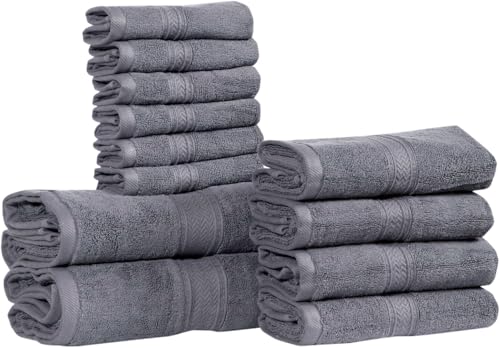 HILLFAIR Premium 100% Combed Cotton 12 Piece Bath Towels Set - Platinum