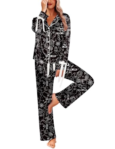 Ekouaer Womens Satin Pajama Sets Button Down PJS Fancy Cute Bow Loungewear